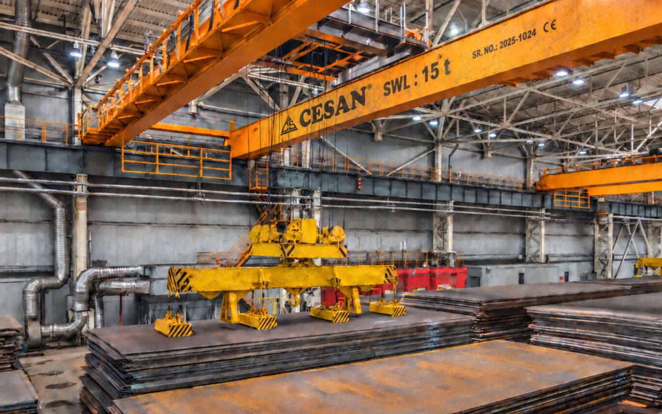 Cesan overhead crane operating in a steel sheet warehouse